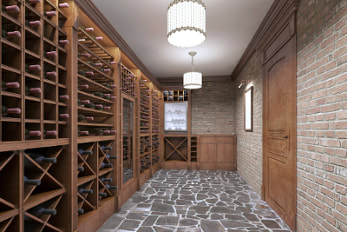 Picture of a wooden wine cellar with gray slate floors and white grout. Two large crystal chandlers. Brick walls opposite of the wood floor to ceiling wine racks.